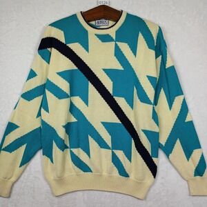 Aureus Vintage 90s Geometric Knit Sweater Mens Large Teal Cream Cotton Crewneck
